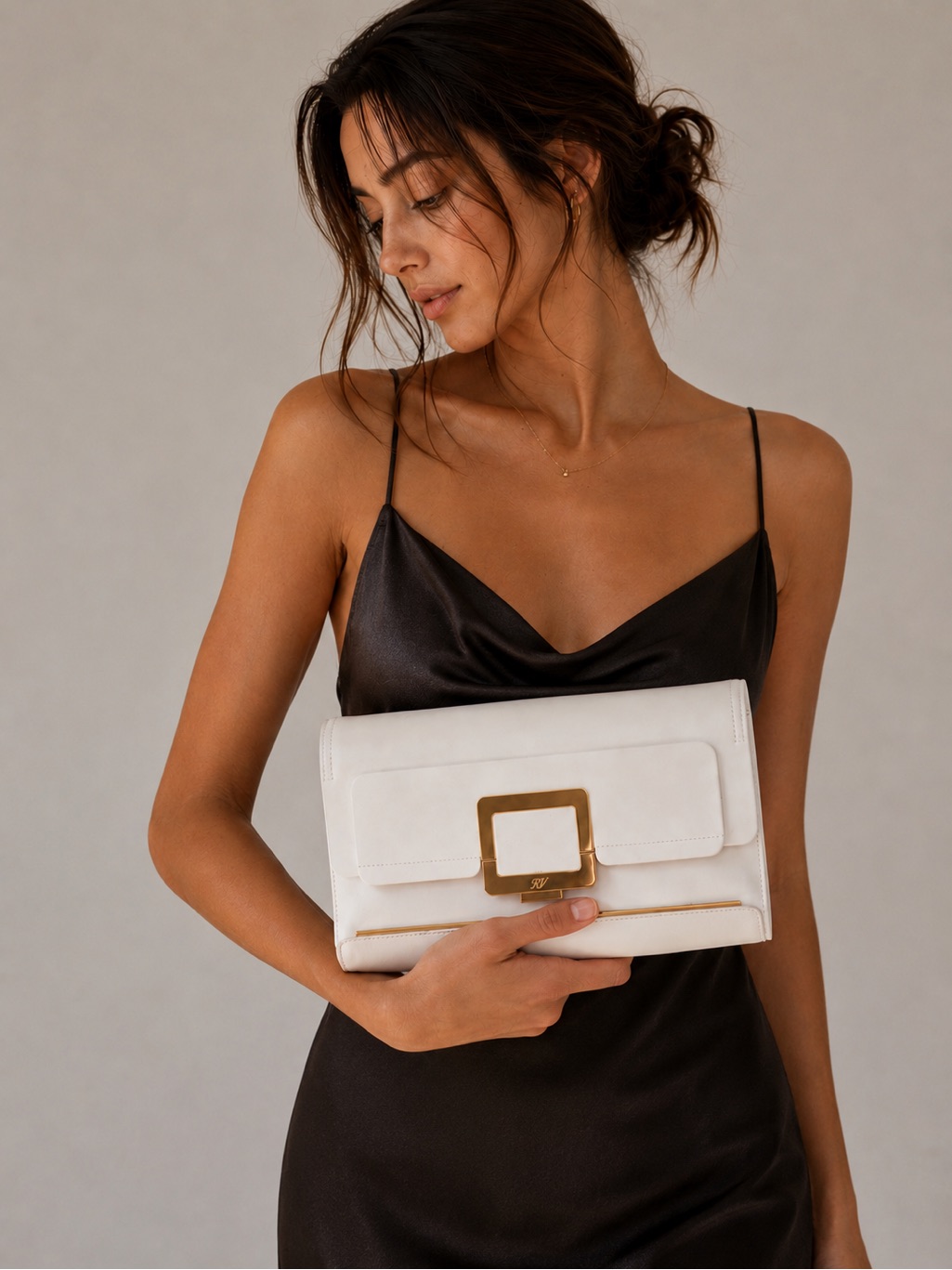Roger Vivier Pochette Small White Leather Clutch Crossbody Bag Gold Coquette